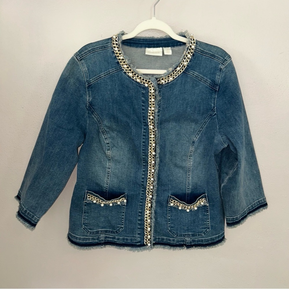 Chico's Blue Jean embellished Jacket with Chain Trim